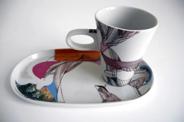 Cup with a saucer, porcelain. Design by Valda Podkalne, painting by Pēteris Martinsons. 1993.